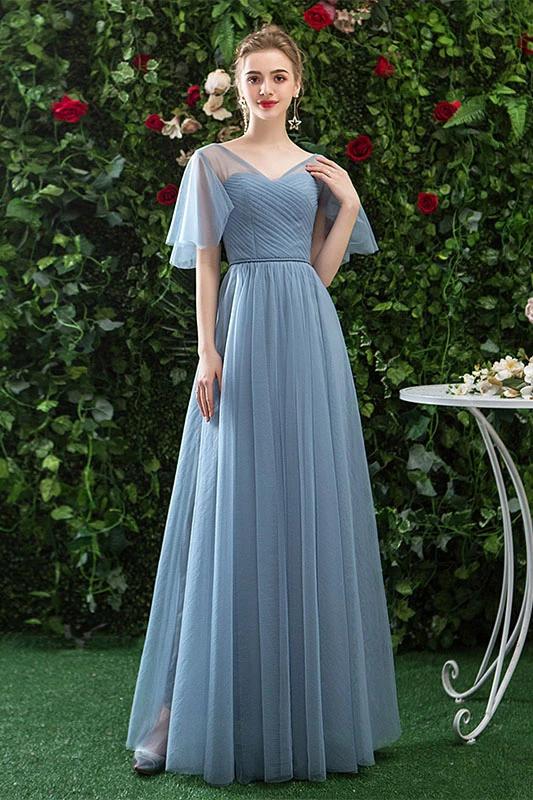 A Line V Neck Tulle Blue Cheap Prom Dress, Long Floor Length Bridesmaid Dresses SRS15044