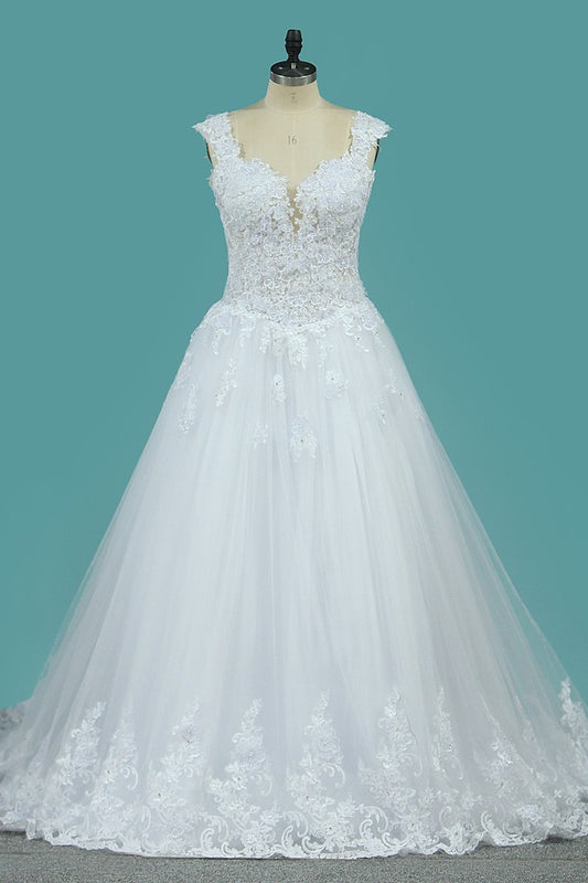 2024 Wedding Dresses Off The Shoulder Tulle With Applique A Line Sweep Train