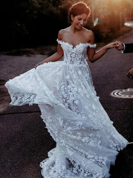A Line Sweetheart Off the Shoulder Tulle Ivory Long Wedding Dresses with Appliques SRS15557