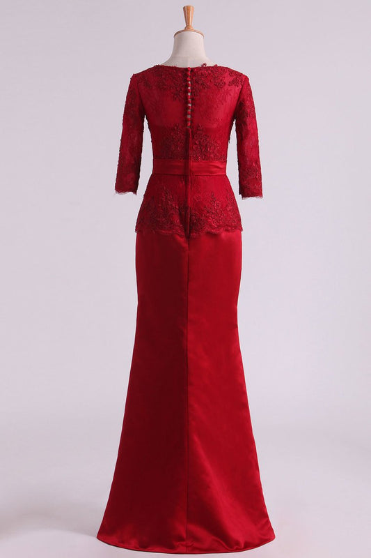 2024 Burgundy Mother Of The Bride Dresses Square 3/4 Length Sleeve With Applique Satin