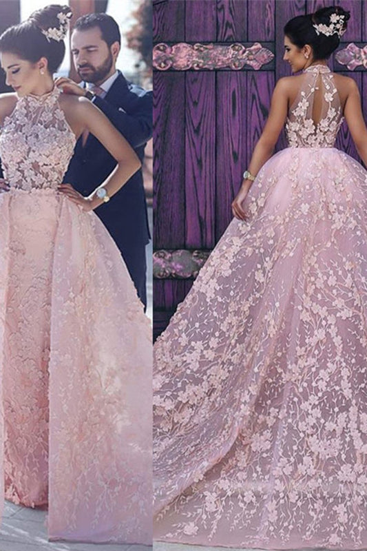 2024 Attractive High Neck Wedding Dresses Lace With Appliques And Detachable Train Zipper Up