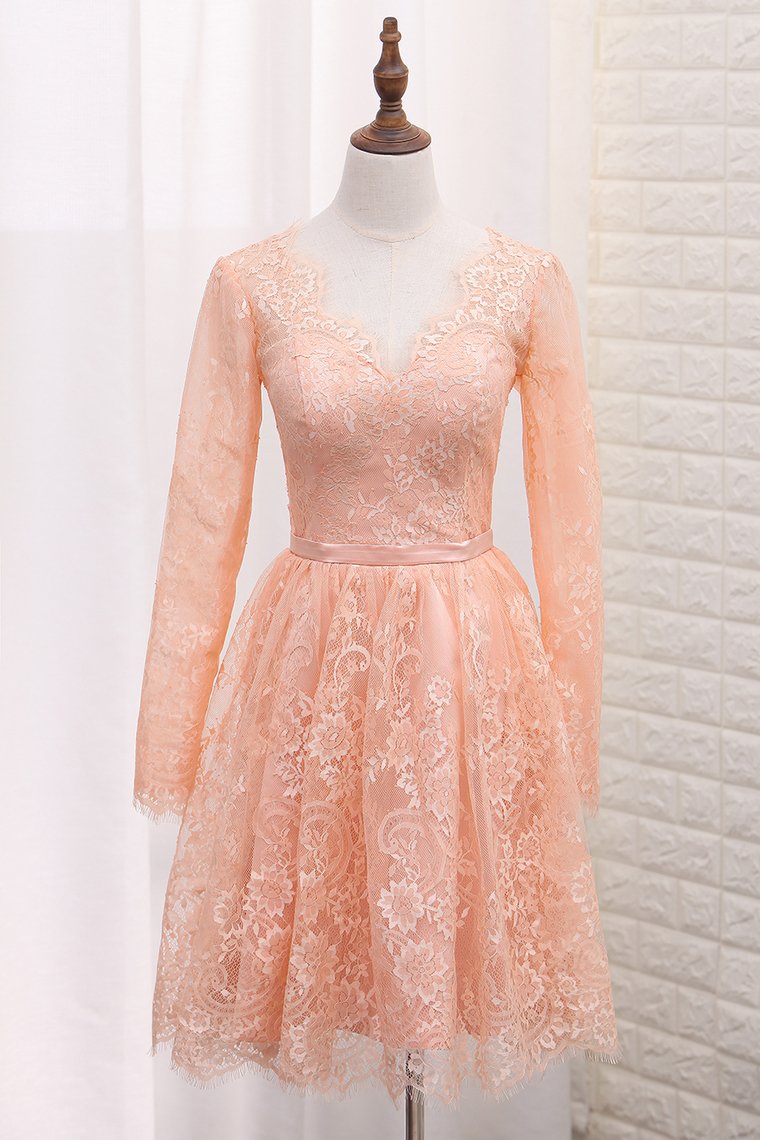 2024 A Line V Neck Long Sleeves Lace Homecoming Dresses With Sash