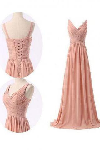 Simple V-neck Ruffles Long Chiffon Bridesmaid Dresses RS466