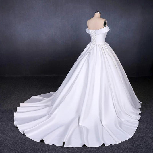Ball Gown Off the Shoulder White Satin Wedding Dresses, Simple Cheap Wedding Gowns SRS15065