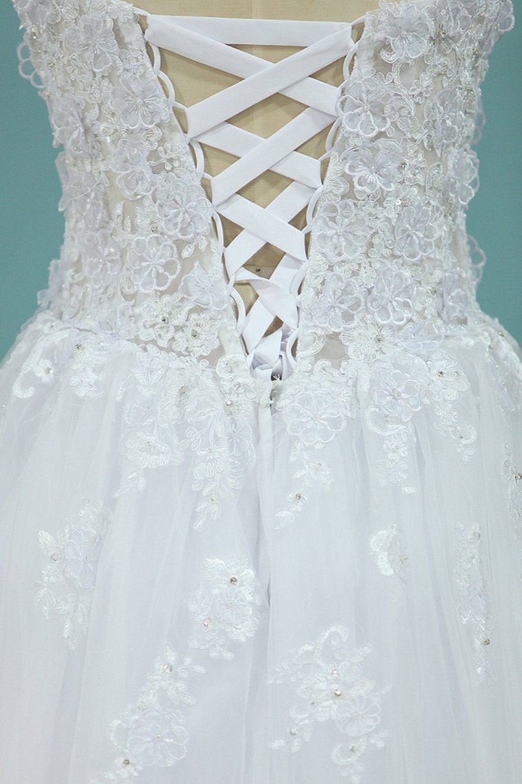 2024 Wedding Dresses Off The Shoulder Tulle With Applique A Line Sweep Train