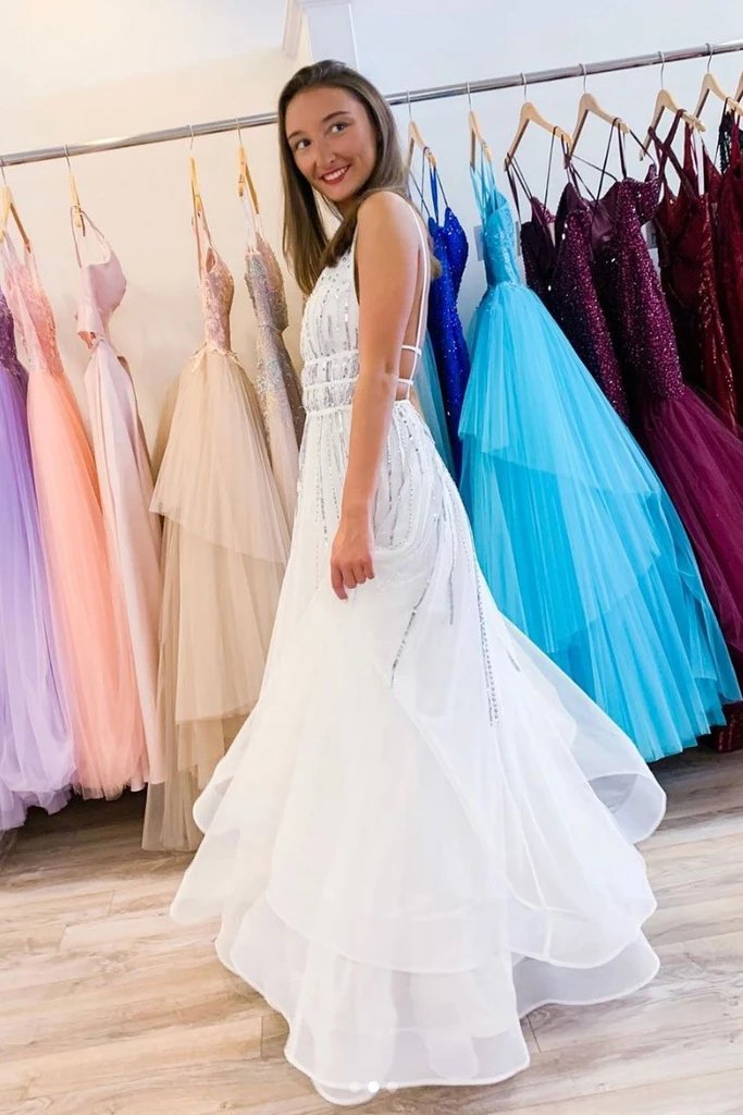 Puffy White V Neck Tulle Sequins Long Prom Dress A Line Backless Evening Dresses SRS15313