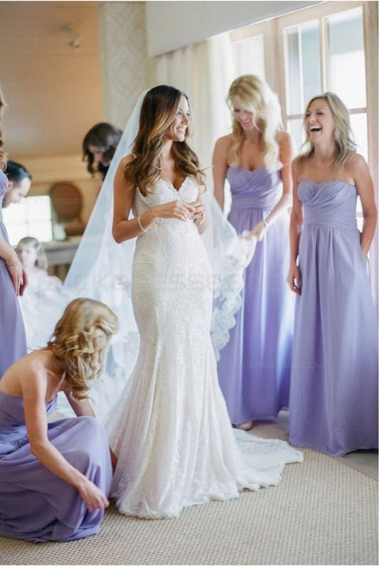 Elegant Lavender Strapless Chiffon Bridesmaid Dresses, Ruffles Wedding Party Dresses SRS15172