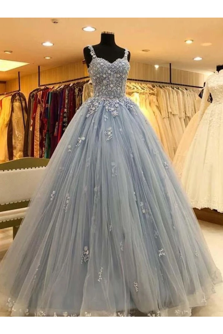 Ball Gown Straps Long Prom Dress Appliques Quinceanera SRSPKS9FELB