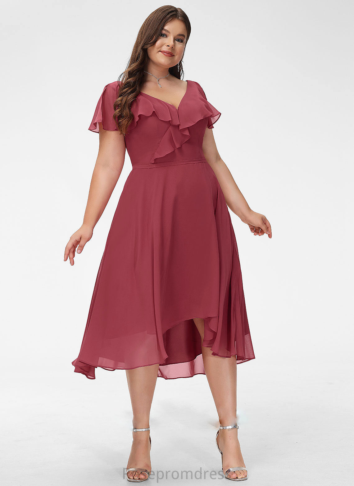 Neckline Fabric A-Line Silhouette Embellishment Length Ruffle V-neck Asymmetrical Violet Bridesmaid Dresses