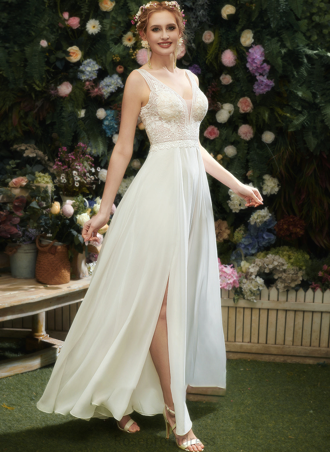 Karlie Front V-neck Dress A-Line Sequins With Wedding Floor-Length Lace Wedding Dresses Split