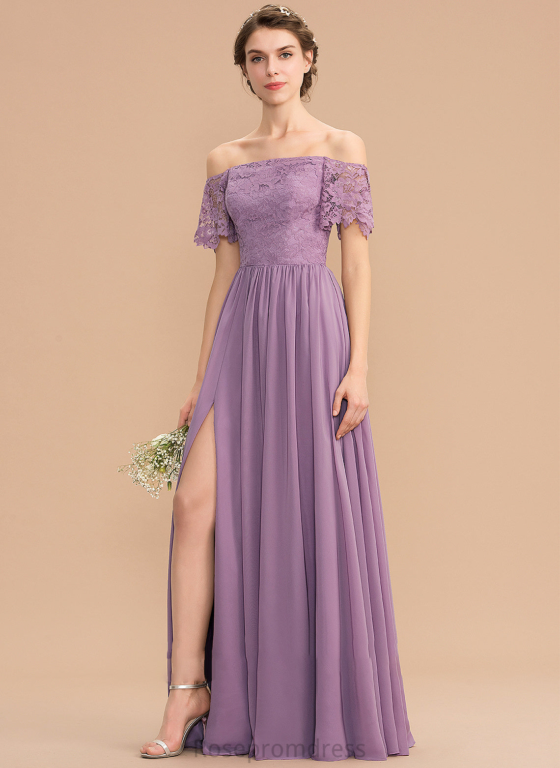Neckline Length Fabric Off-the-Shoulder A-Line SplitFront Embellishment Silhouette Floor-Length Kiera Bridesmaid Dresses