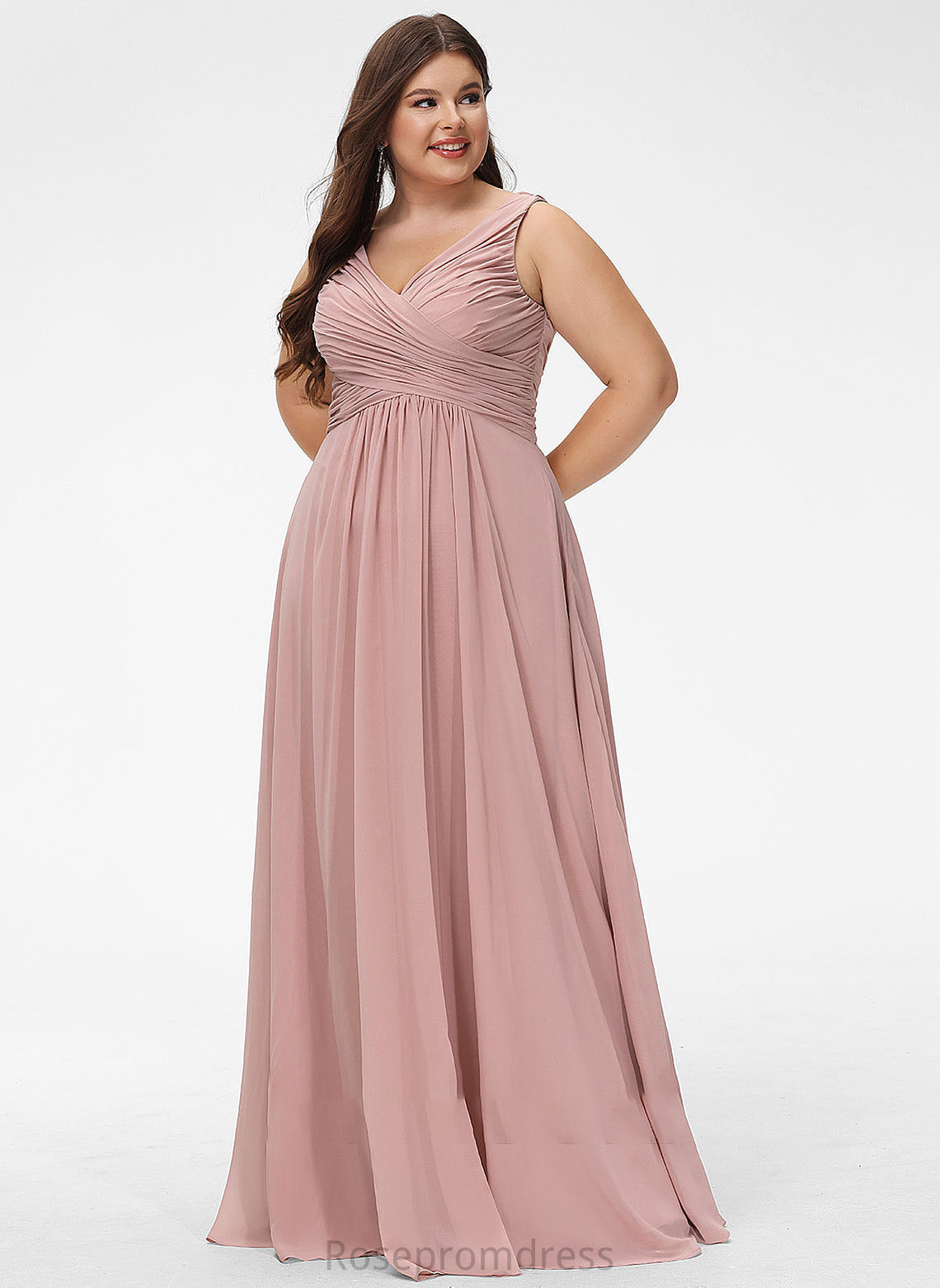 Silhouette Floor-Length Ruffle A-Line V-neck Length Neckline Embellishment Fabric Lydia Natural Waist A-Line/Princess Bridesmaid Dresses