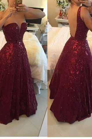 Sexy V-neck Burgundy Backless Floor-Length Lace Prom Dress with Beading RS935