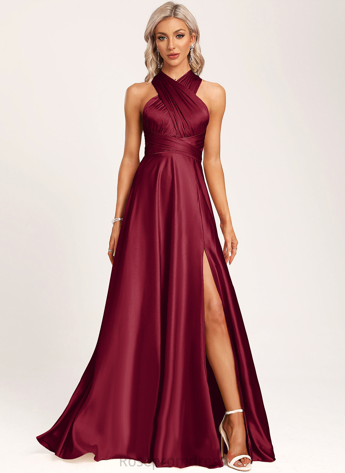 Halter Neckline Satin Fabric Length Floor-Length Silhouette A-Line One-Shoulder Straps&Sleeves V-neck Paisley Bridesmaid Dresses