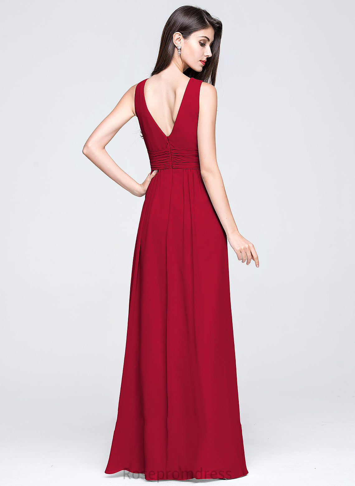 Length Fabric A-Line Silhouette Embellishment Floor-Length Neckline Ruffle V-neck Halle Stretch Satin Sleeveless Bridesmaid Dresses