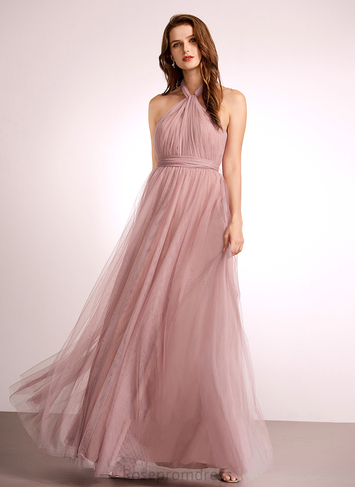 Neckline One-Shoulder Fabric Straps A-Line Length Silhouette V-neck Off-the-Shoulder Tulle Floor-Length Leslie Bridesmaid Dresses