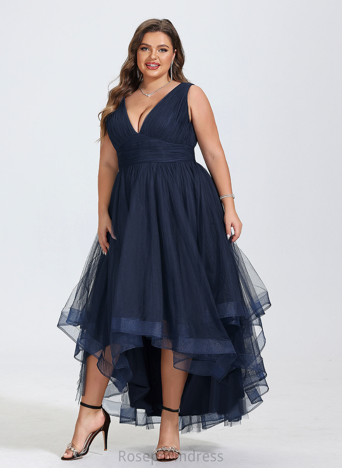 Tulle Pleated V-neck A-Line With Cascading Dress Asymmetrical Cocktail Cocktail Dresses Ruffles Nina
