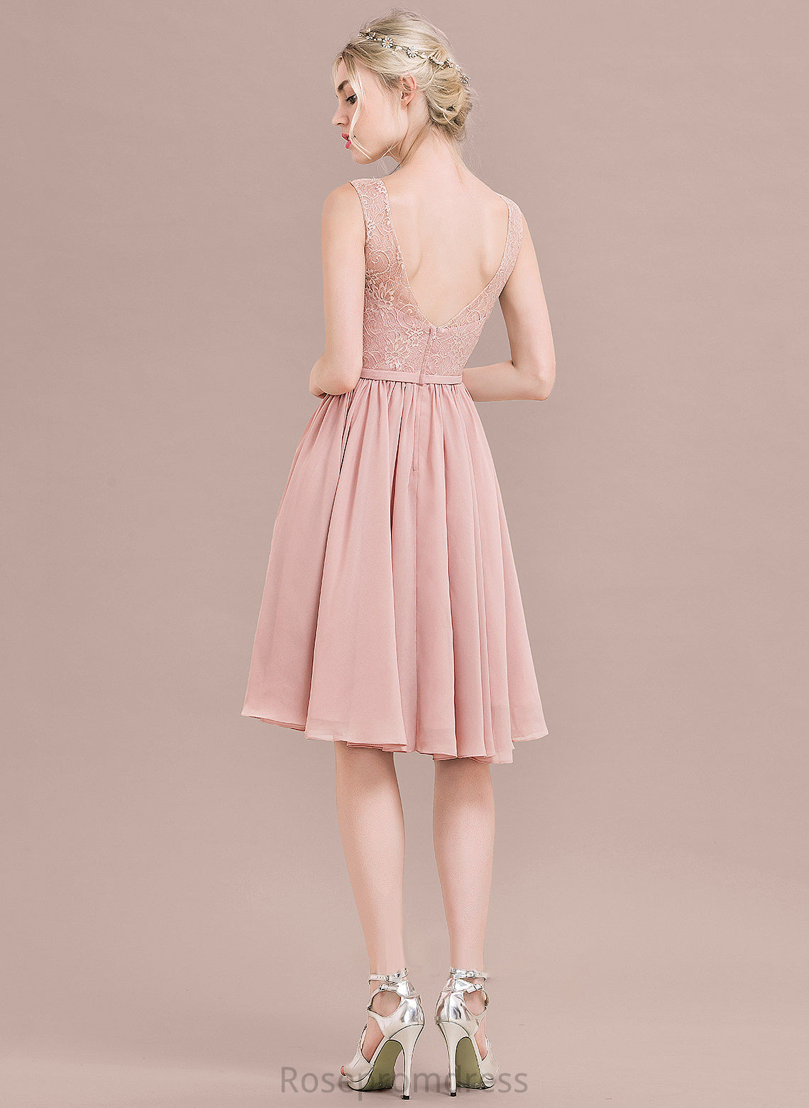 Bow(s) V-neck A-Line Fabric Neckline Silhouette Embellishment Knee-Length Length Alivia Natural Waist Sleeveless Bridesmaid Dresses