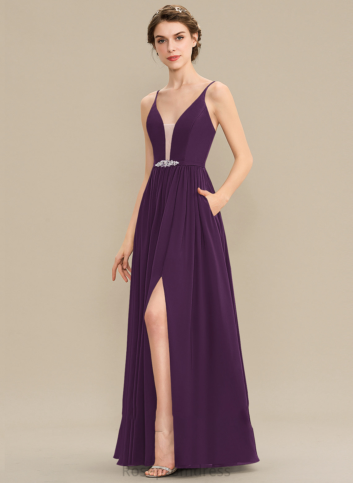 Silhouette Fabric Beading Floor-Length V-neck Length Sequins Pockets Neckline Embellishment A-Line SplitFront Bridesmaid Dresses