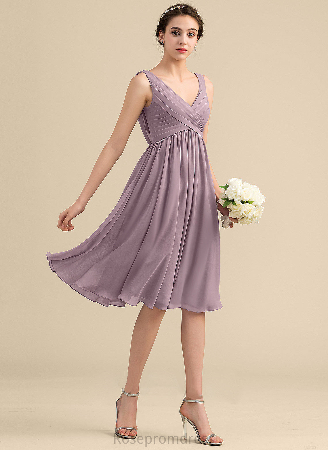 Fabric Knee-Length Embellishment Neckline Silhouette Empire V-neck CascadingRuffles Length Tania Bridesmaid Dresses