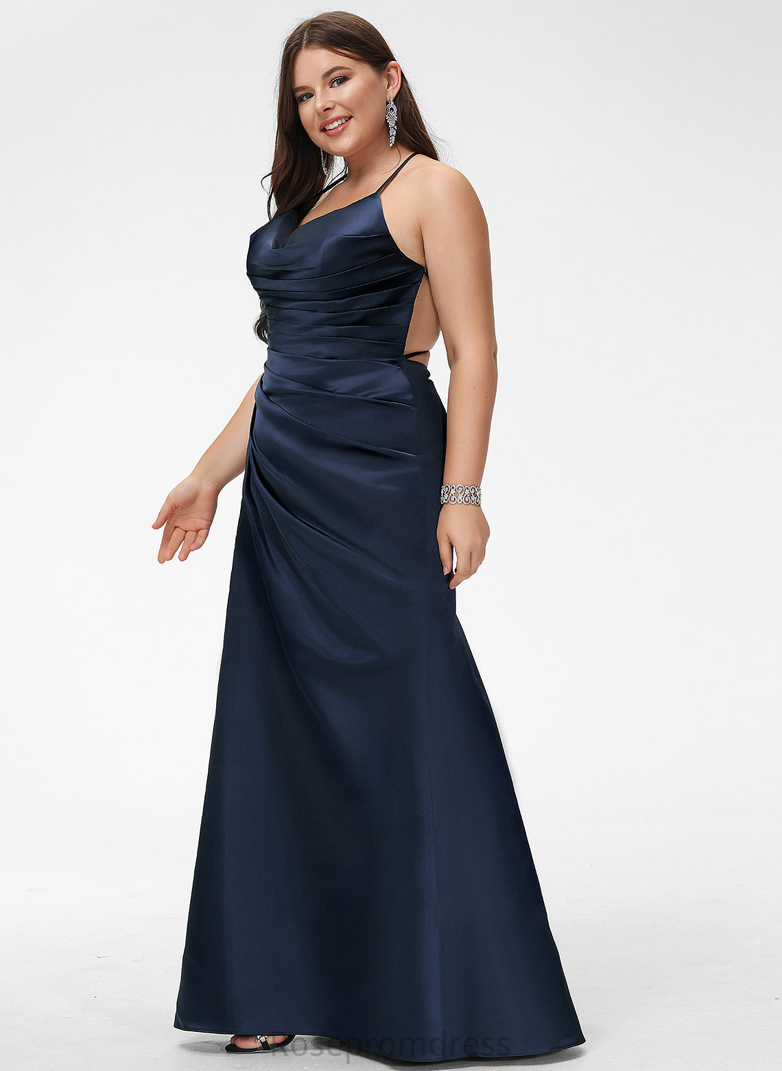 Satin Sheath/Column Floor-Length Prom Dresses Pleated Cristina With V-neck