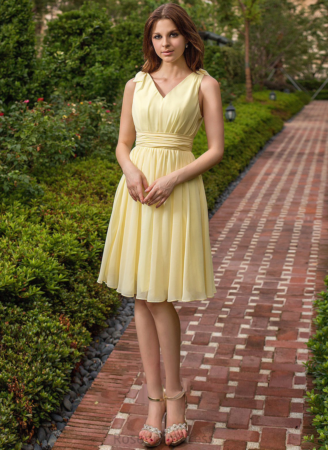 Bow(s) Silhouette Ruffle Knee-Length Fabric Neckline Embellishment A-Line V-neck Length Lana V-Neck Bridesmaid Dresses