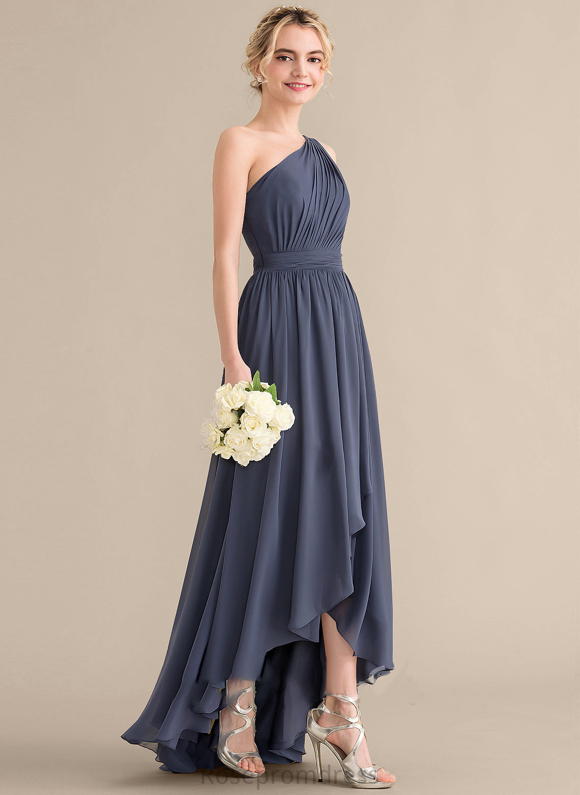 Neckline Fabric Length Silhouette CascadingRuffles One-Shoulder Asymmetrical A-Line Embellishment June A-Line/Princess V-Neck Bridesmaid Dresses