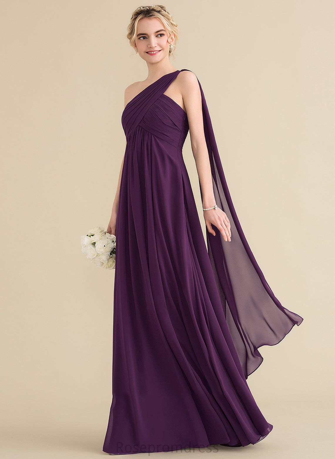Ruffle Neckline Length Silhouette One-Shoulder A-Line Embellishment Floor-Length Fabric Aurora Sleeveless Empire Waist Bridesmaid Dresses