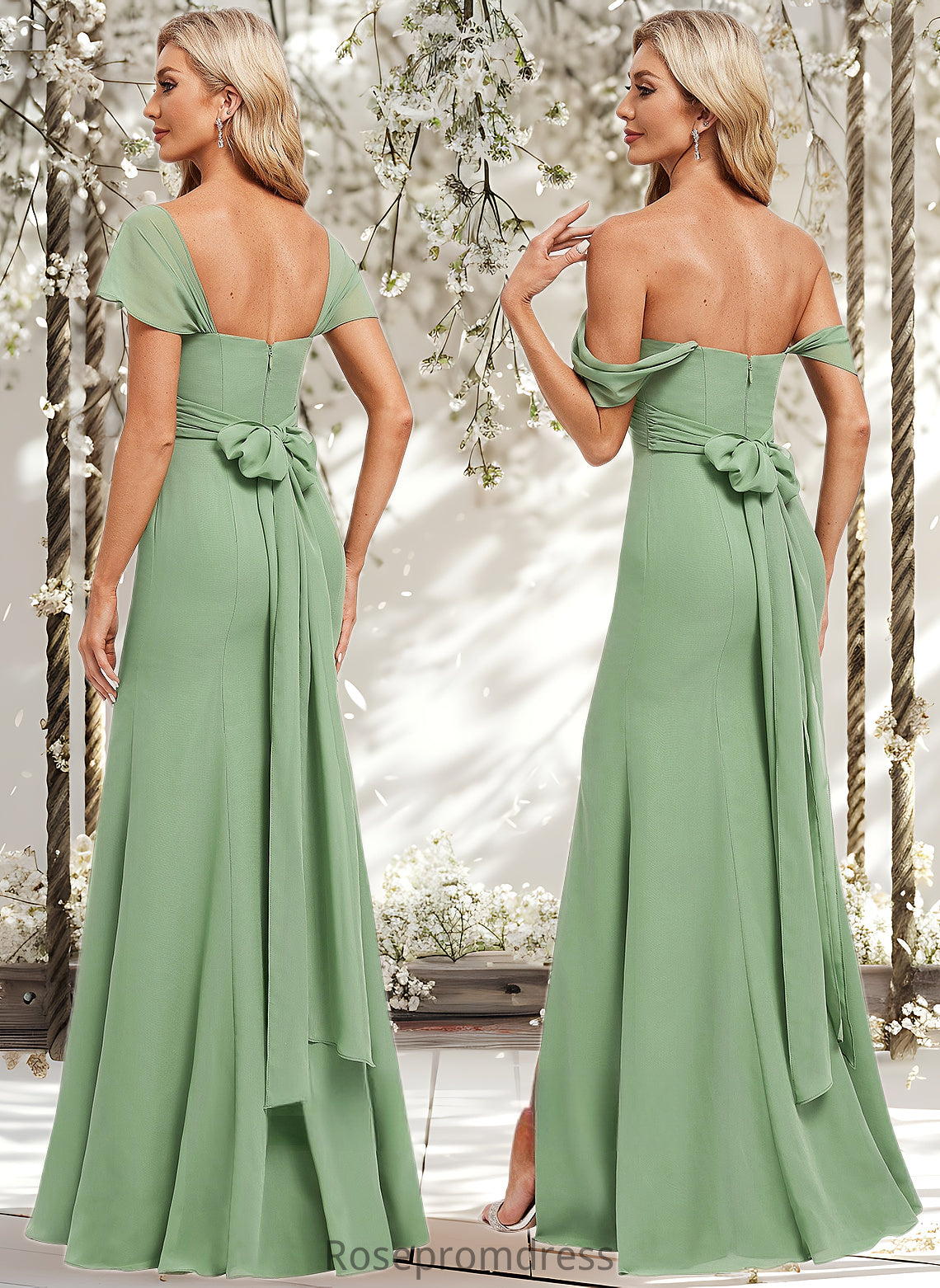 Marian Trumpet/Mermaid Off the Shoulder V-Neck Floor-Length Chiffon Bridesmaid Dress DSP0025810