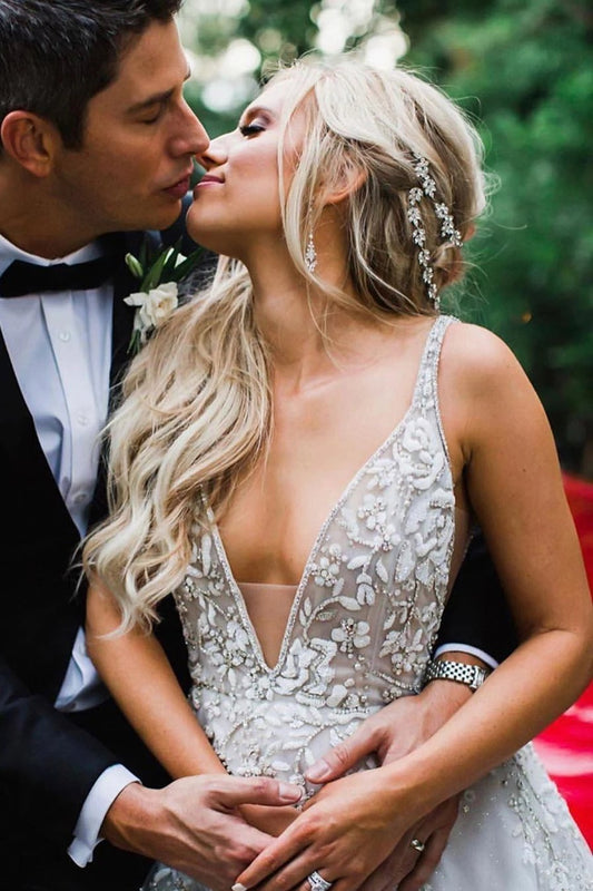 Elegant A Line Illusion Beads V Neck Tulle Long Backless Wedding Dresses, Prom Dresses SRS15510