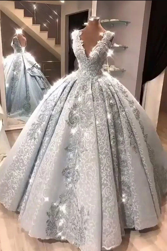 Ball Gown V Neck Floor Length Prom Dresses with Appliques, Quinceanera Dress SRS15565