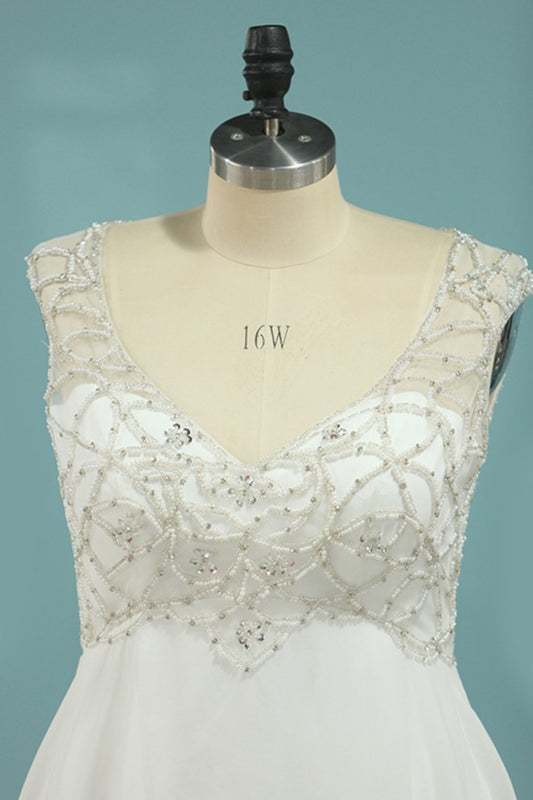 2024 V Neck Chiffon With Beads A Line Court Train Wedding Dresses