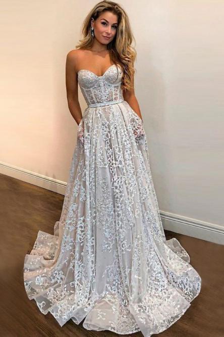 A Line Sweetheart Strapless Sweep Train Lace Pockets Wedding Dress with Sequins SRS15036