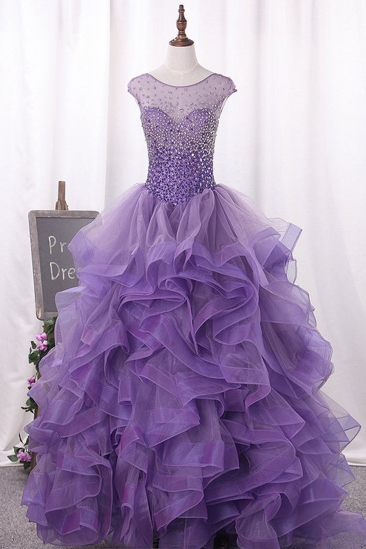2024 Ball Gown Scoop Beaded Bodice Tulle Quinceanera Dresses Floor Length