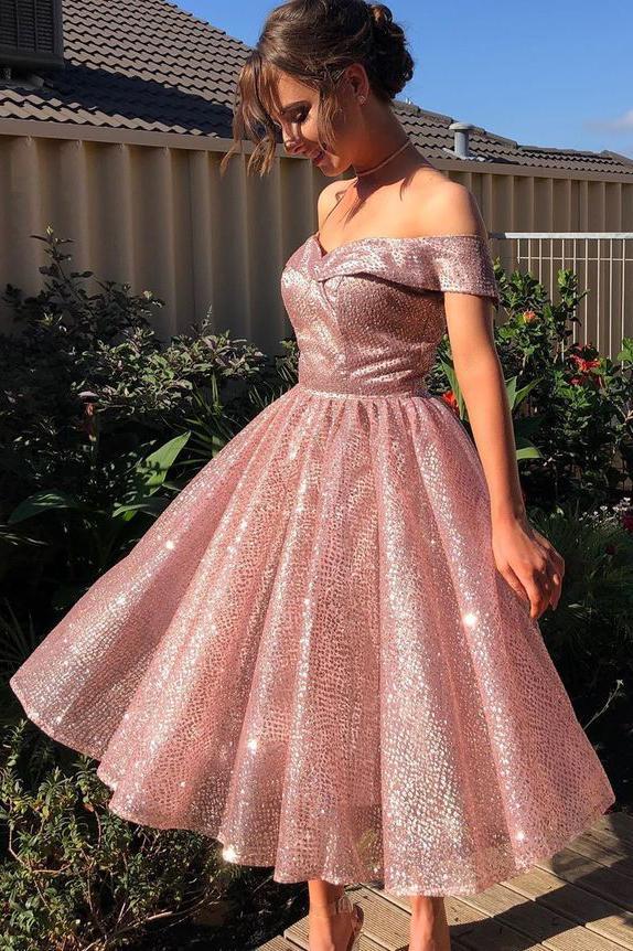 Elegant Off the Shoulder Pink Sequins Sweetheart Short Prom Dresses, Bridesmaid Dresses SRS15189