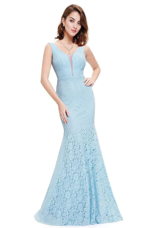 Sexy Fitted Lace Mermaid Blue V Neck Long Prom Dresses Evening Dresses SRS15334