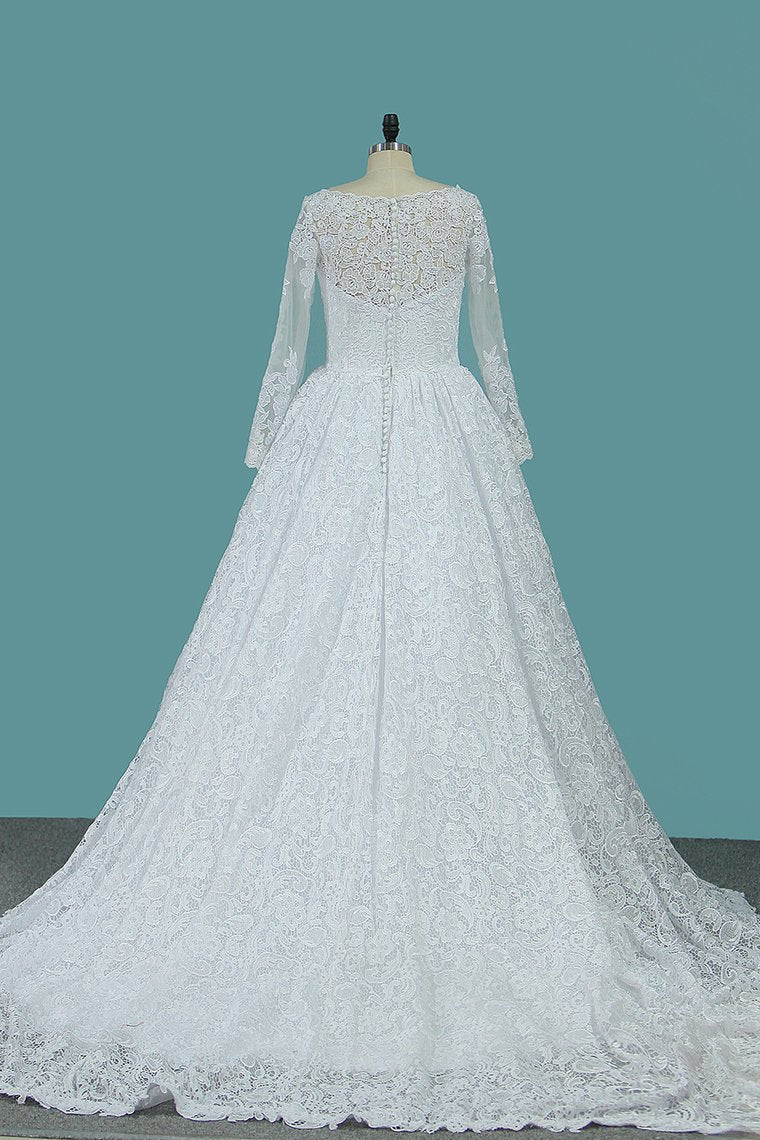 2024 Long Sleeves Ball Gown Wedding Dresses Bateau Tulle & Satin With Applique