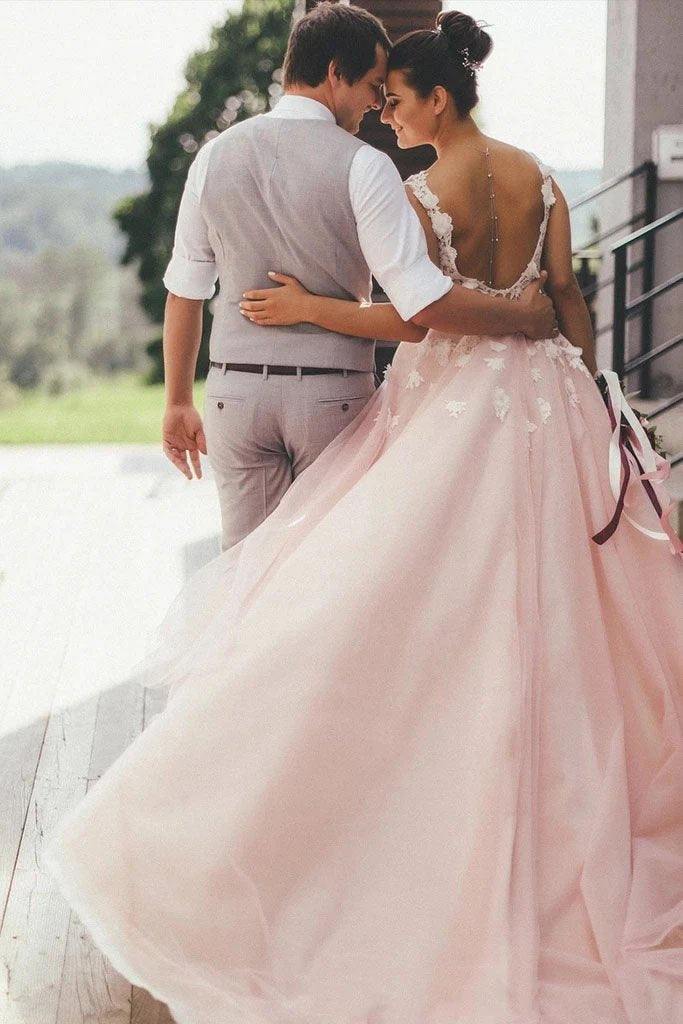 Sheer Round Neck Pink Wedding Dresses Backless Bridal Gown With Lace SRS20469