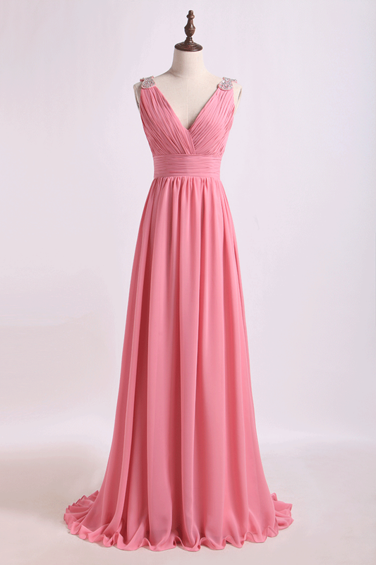 2024 V Neck A Line Chiffon Bridesmaid Dress With Beads Floor Length