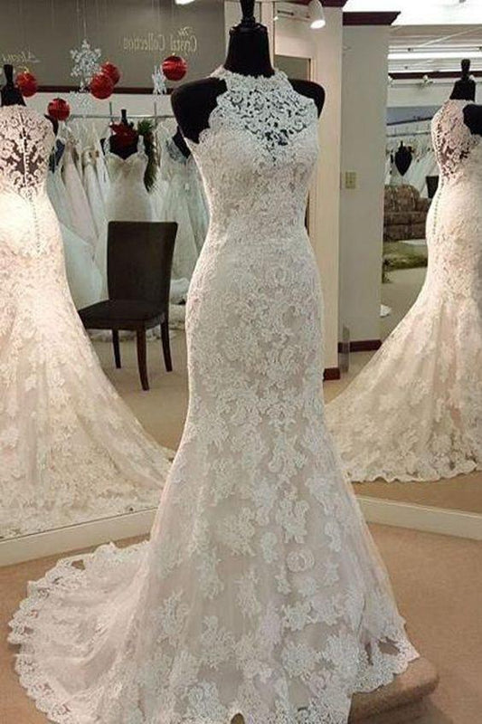 Sexy Halter Mermaid Lace-up Sleeveless Lace Wedding Dress RS361