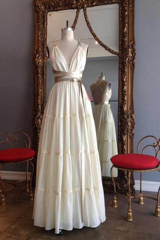 Chic V Neck Spaghetti Straps Chiffon Criss Cross Long Wedding Dresses Cheap Prom Dresses SRS14969