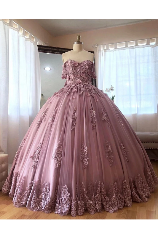Ball Gown Off The Shoulder Tulle Quinceanera Dress With Lace Appliques Puffy Prom SRSP3HM7KB3