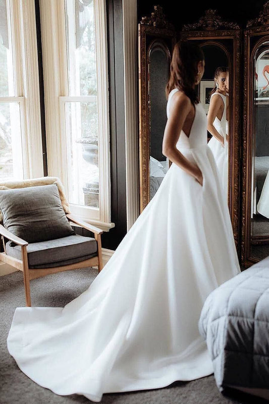 Simple Round Neck Satin Ivory Wedding Dresses with Pockets, Long Wedding Gowns SRS15398