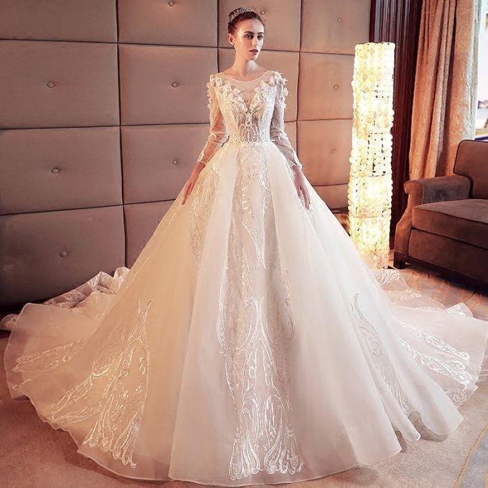 2024 Gorgeous Scoop Lace Appliques Flowers White Organza Long Sleeve Wedding SRS10080