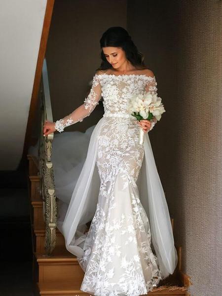 Mermaid Long Sleeve Lace Appliques Off the Shoulder Detachable Train Wedding Dresses SRS15262