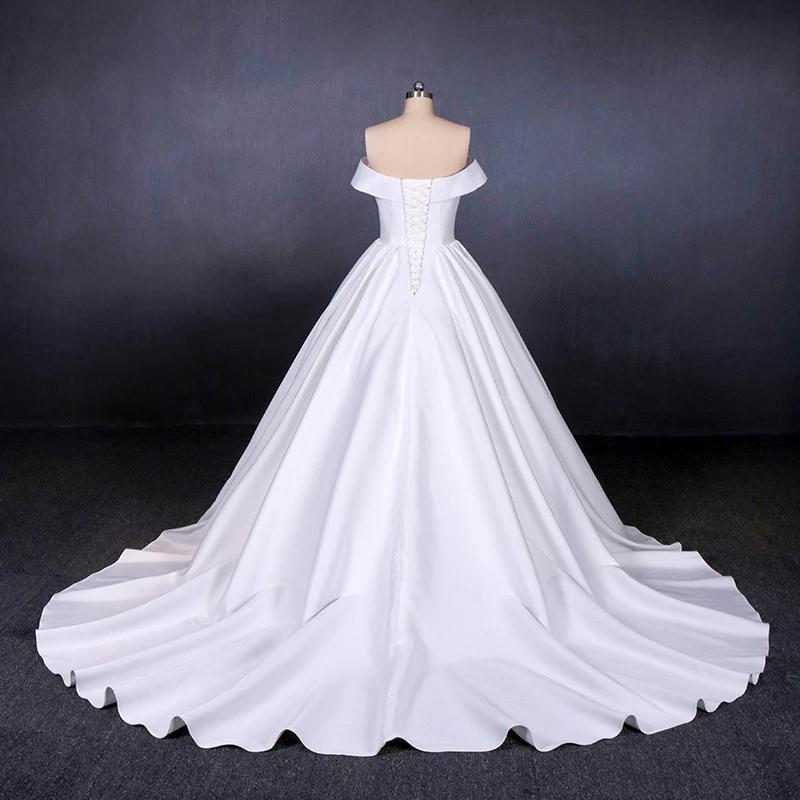 Ball Gown Off the Shoulder White Satin Wedding Dresses, Simple Cheap Wedding Gowns SRS15065
