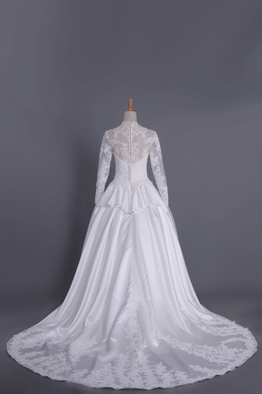 2024 Wedding Dresses A Line V Neck Long Sleeves With Applique Satin