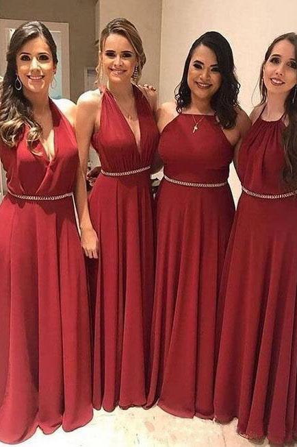 Elegant A Line Chiffon Red Crystal Maid of Honor, Bridesmaid Dresses with SRS20459
