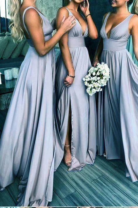 Elegant A Line V Neck Blue Straps Bridesmaid Dresses, Wedding Party SRS20413
