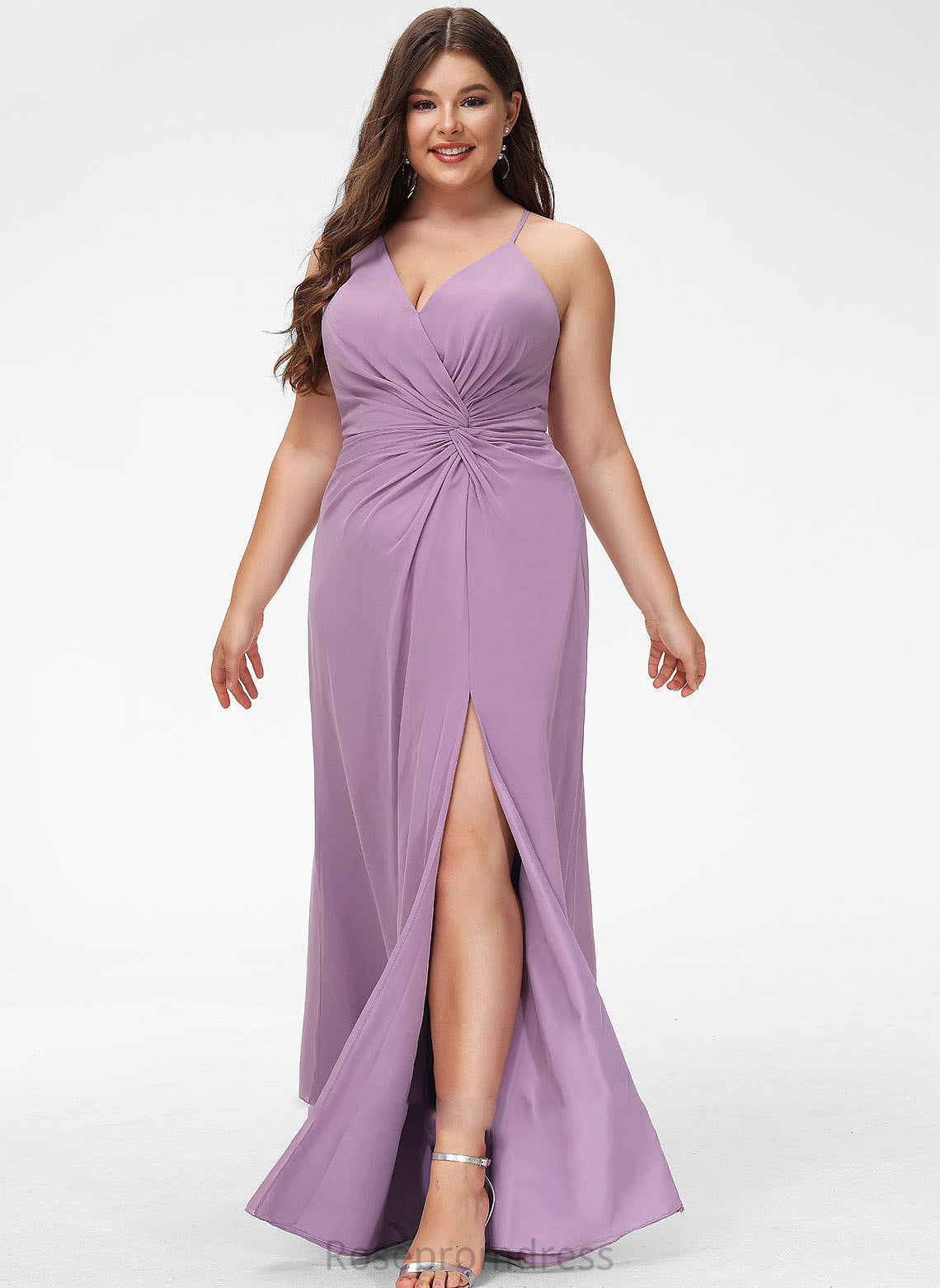 Fabric Neckline Silhouette Embellishment Floor-Length A-Line Ruffle Length V-neck SplitFront Mira Bridesmaid Dresses